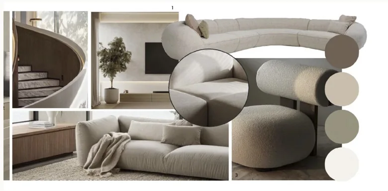 Example mood board: sofa, stairs and fabric swatches, Curated Furnishing by ELE Interior Design