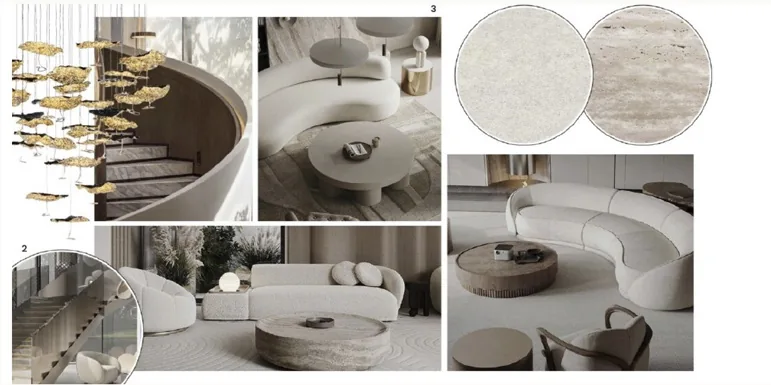 Example mood board: lighting, sofa and stone samples, Curated Furnishing by ELE Interior Design