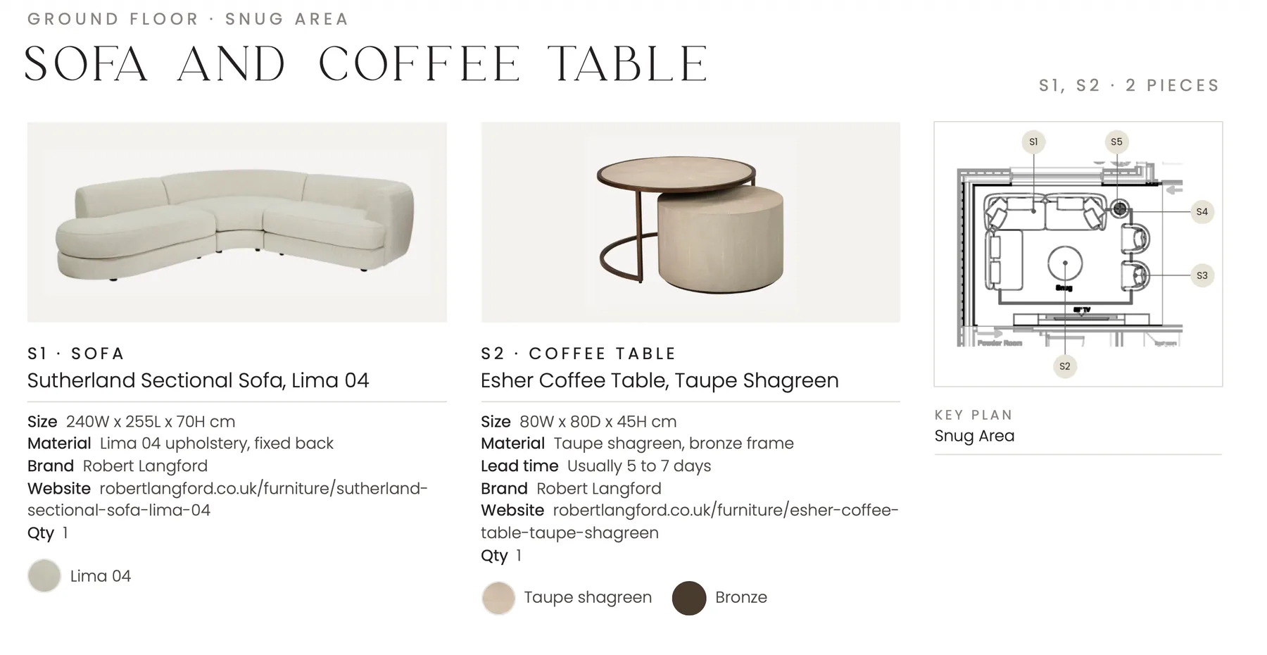 Example selection board: sofa and coffee table with sizes, materials and key plan, Curated Furnishing by ELE Interior Design
