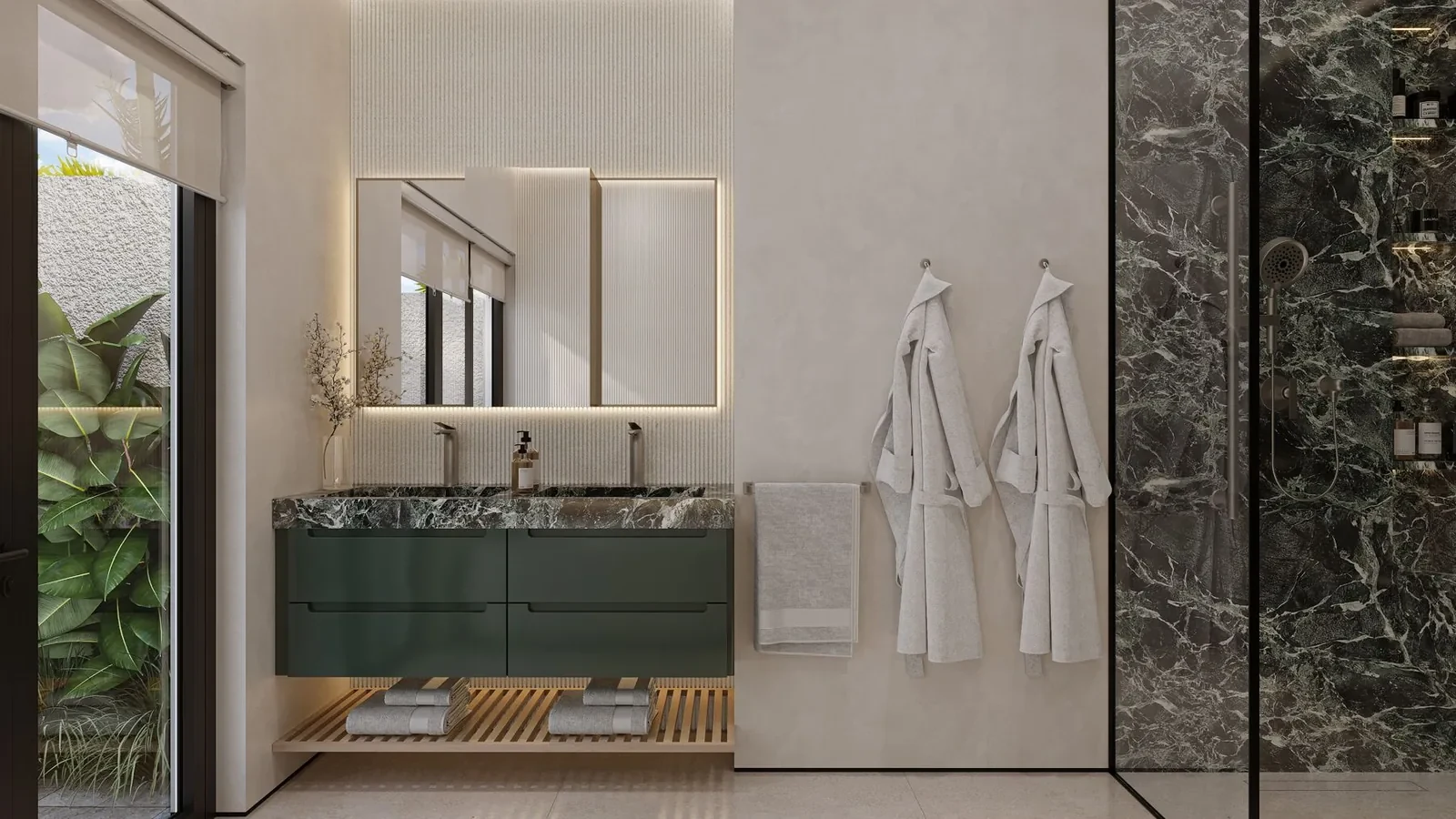Interior design Mauritius: ELE Interior Design concept for a villa bathroom with a green lacquered vanity and marble