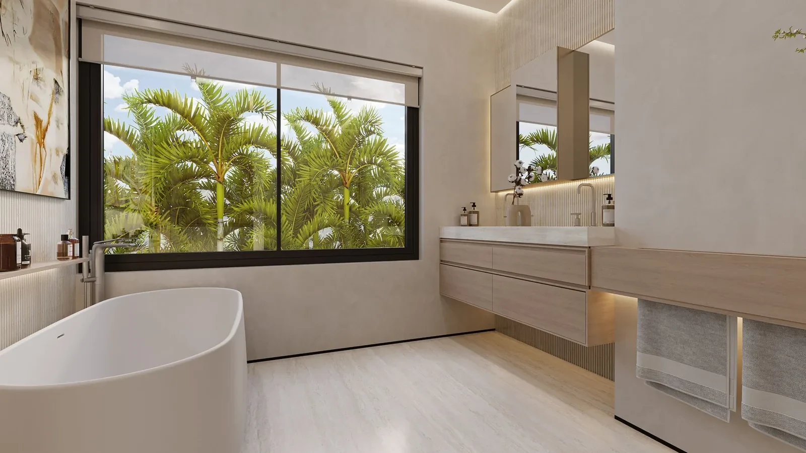 Luxury villa Mauritius: master bathroom design concept with a freestanding bath beneath a window onto palms