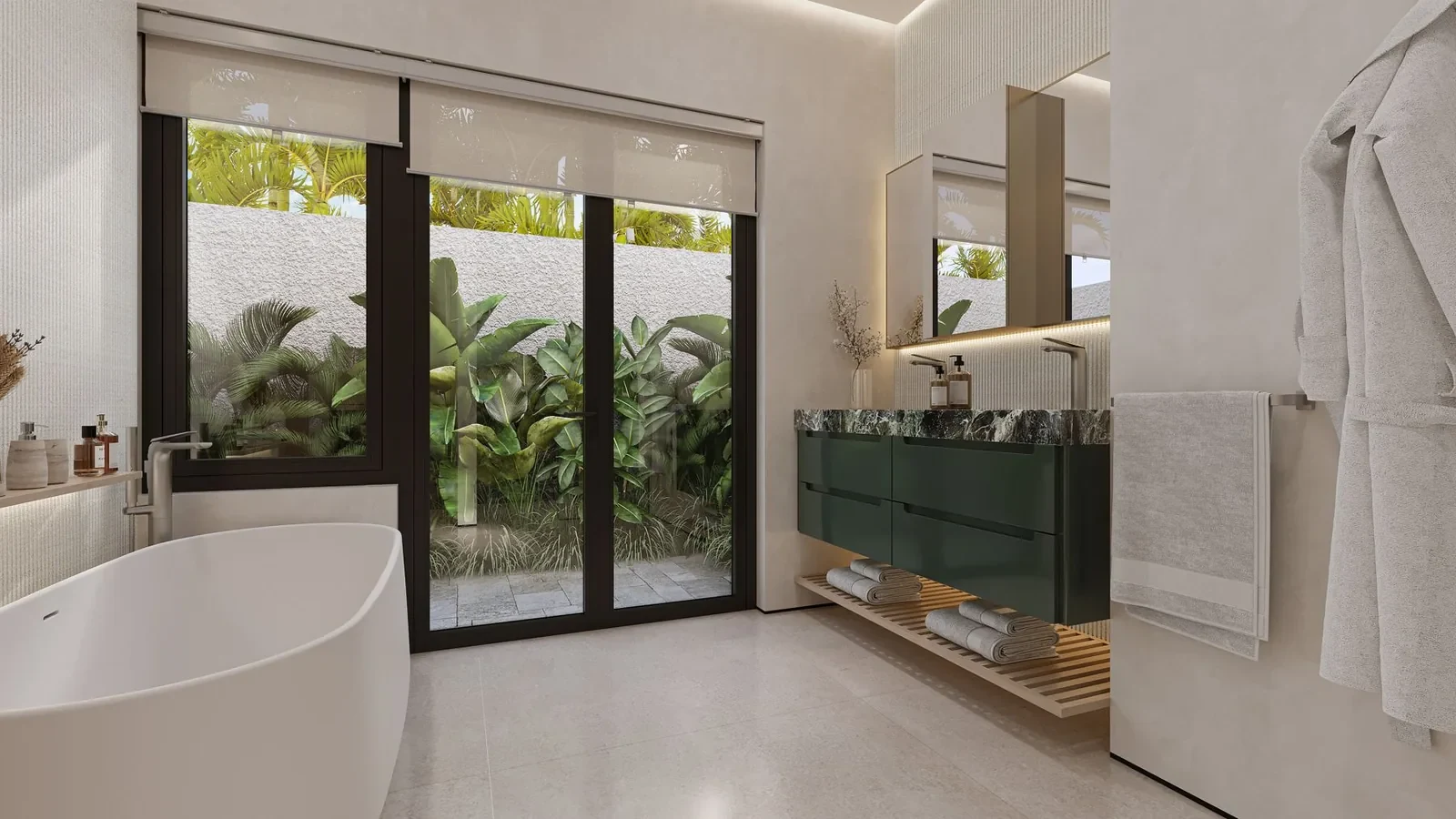 Bathroom design concept with glass doors opening to tropical planting