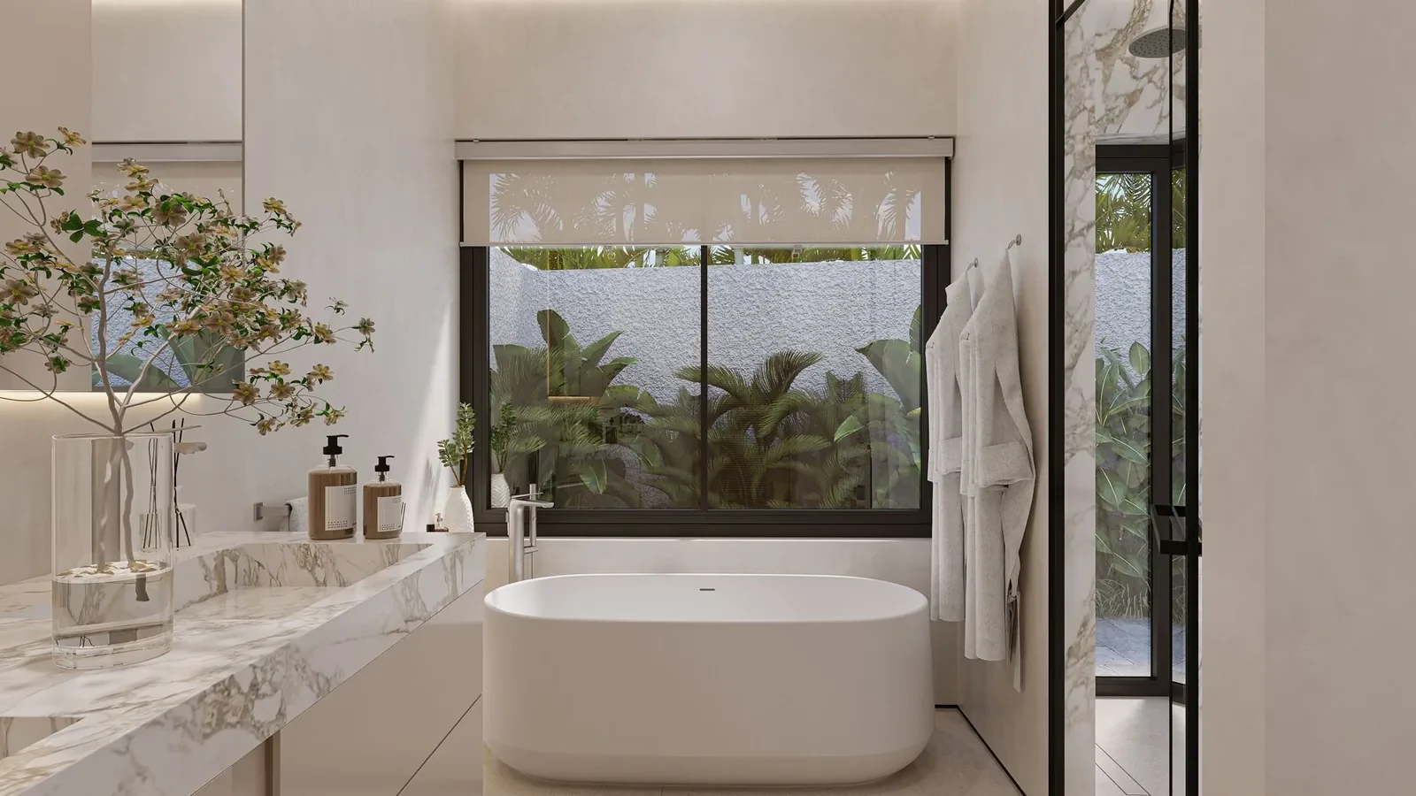 Bathroom design concept with a marble vanity and a bath beneath a garden window