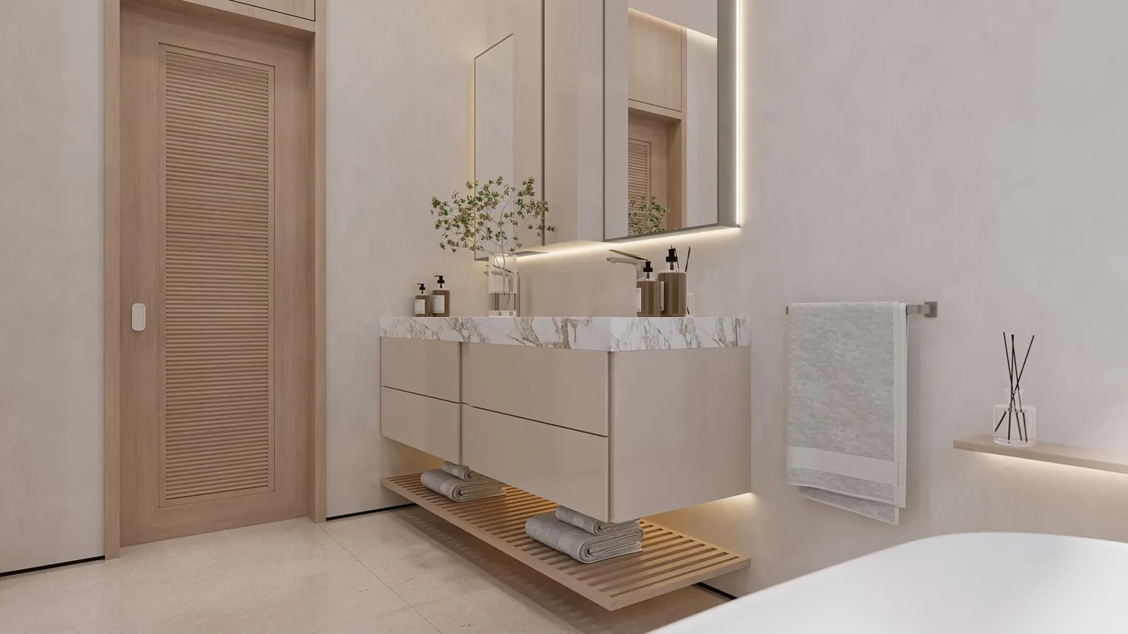 Bathroom design concept with a louvred timber door and a floating vanity