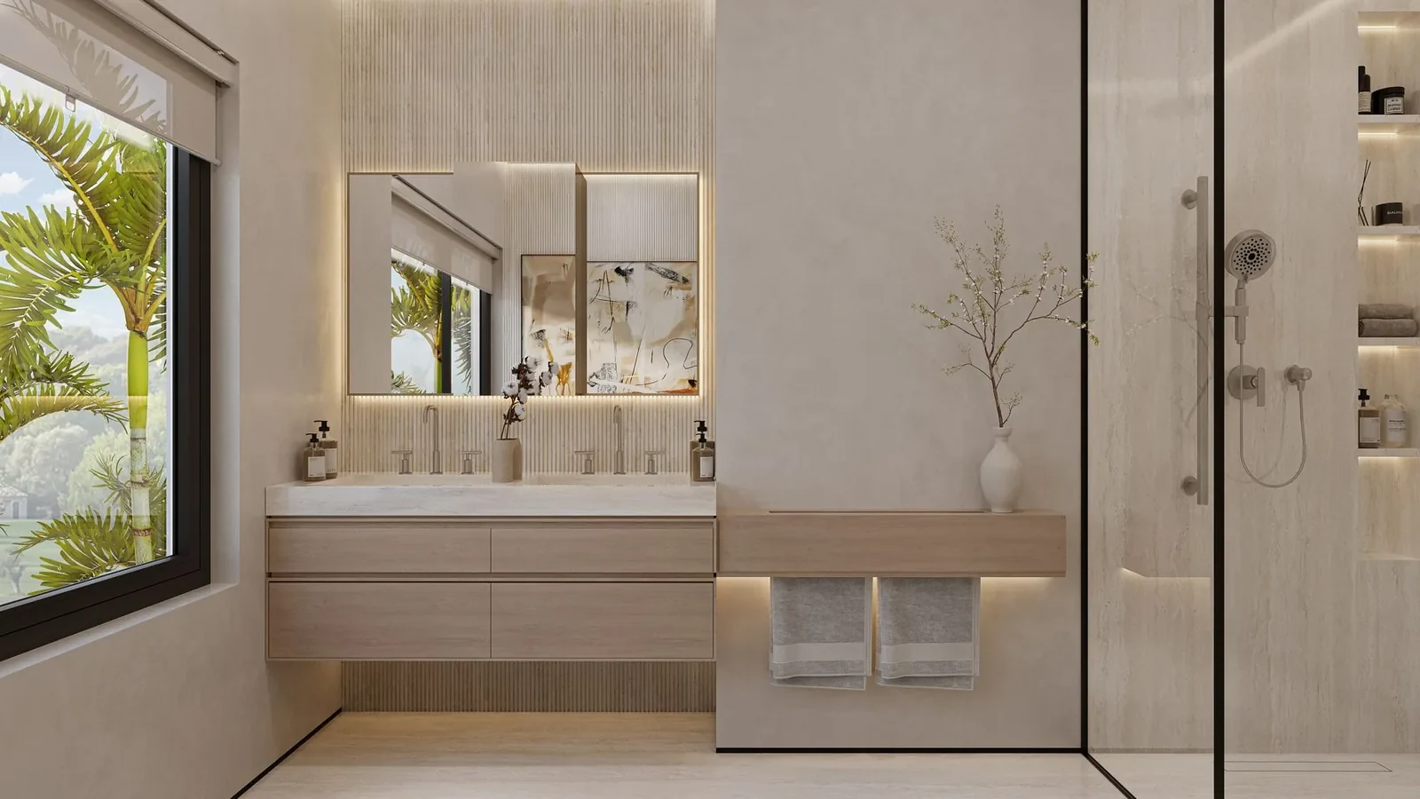 Bathroom design concept with a timber vanity and a window onto palms