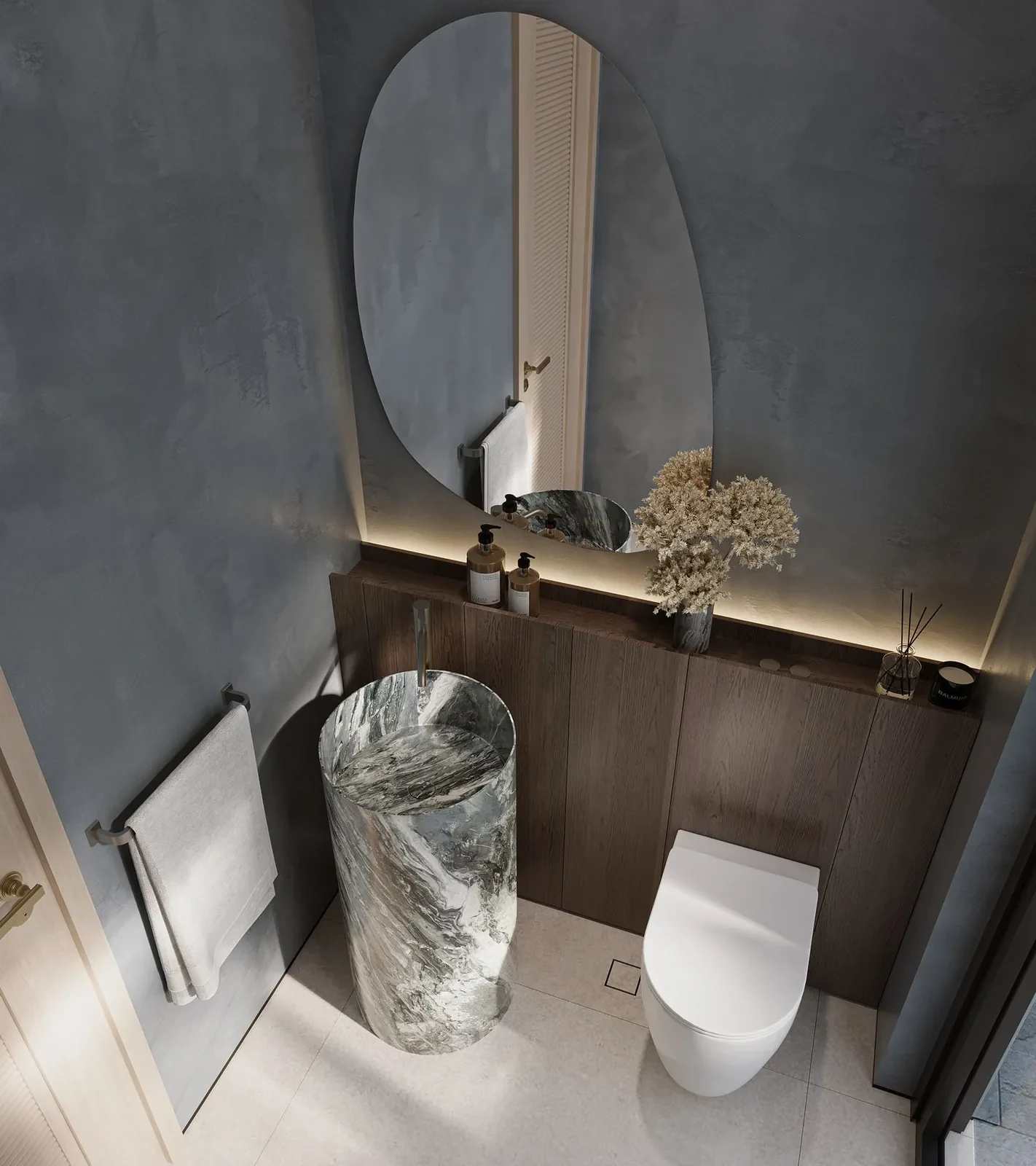 Powder room design concept with textured walls and a marble pedestal basin