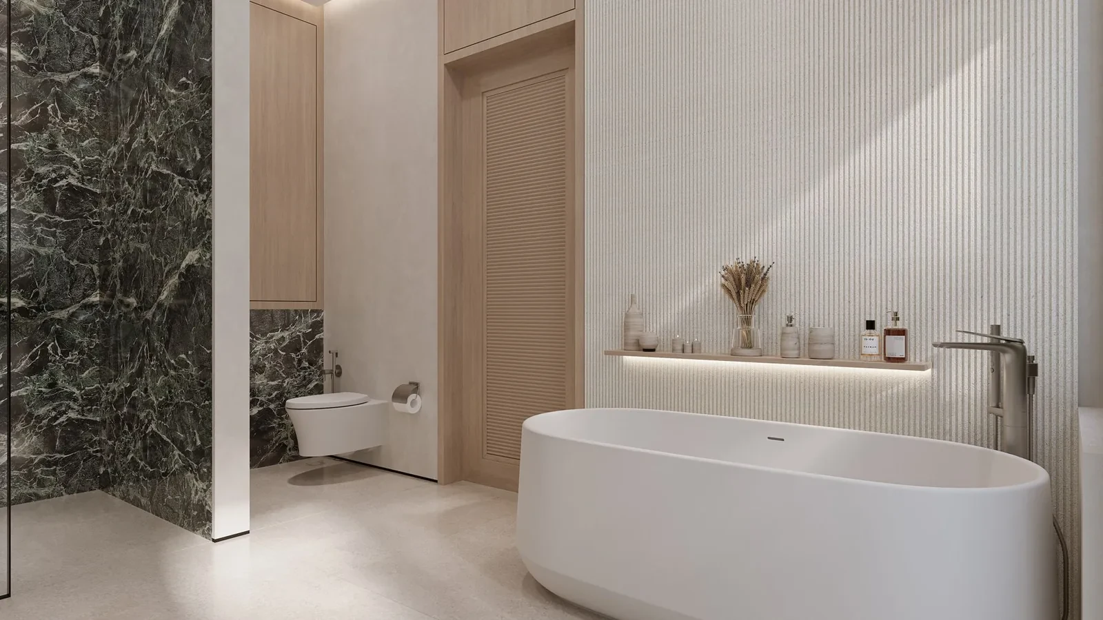 Bathroom design concept with a freestanding bath, fluted panelling and green marble