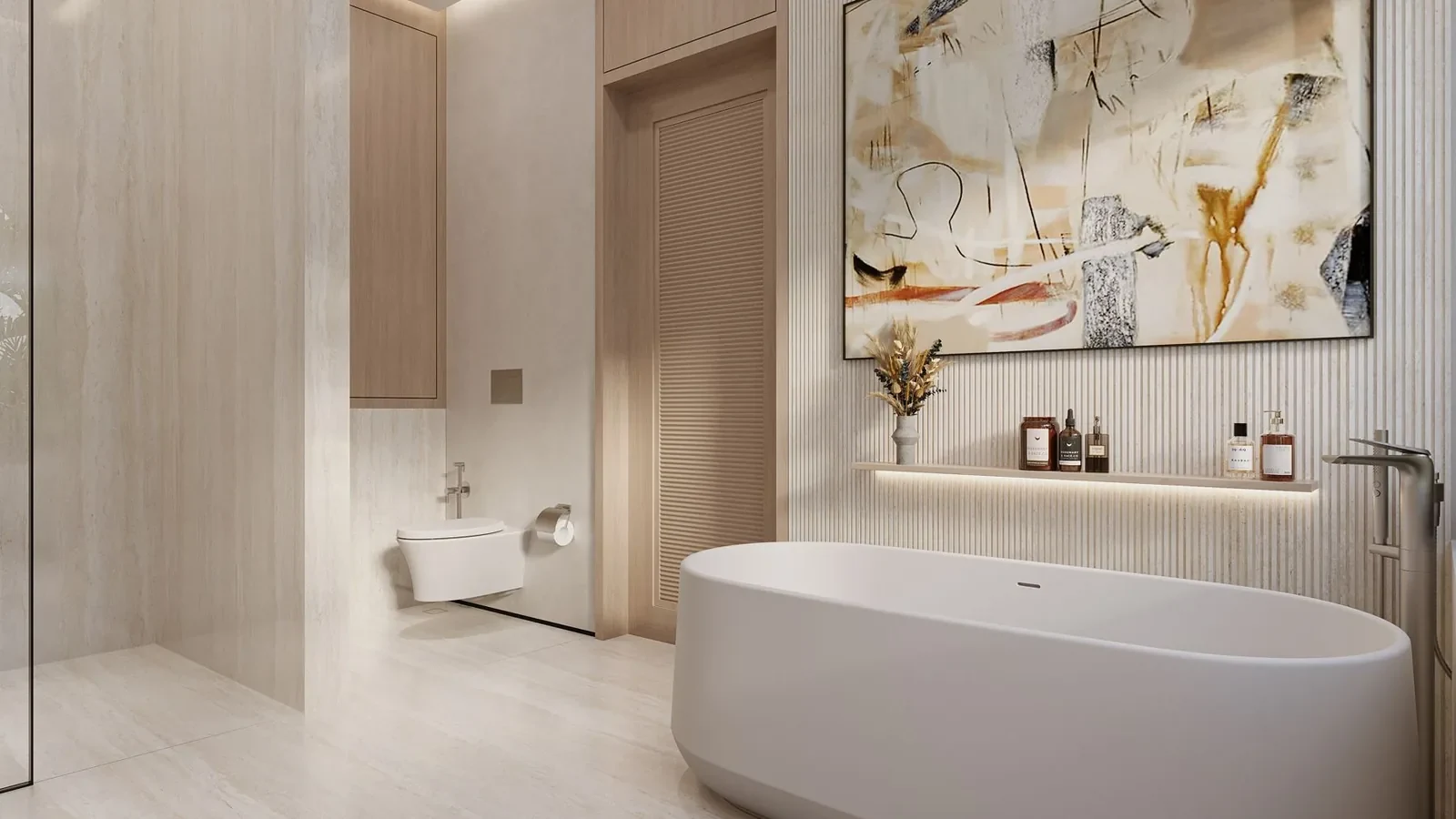 Master bathroom design concept with artwork and a freestanding bath