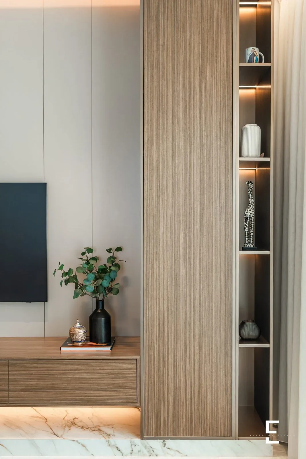 Walnut slatting in a calm neutral palette at Villa Velada
