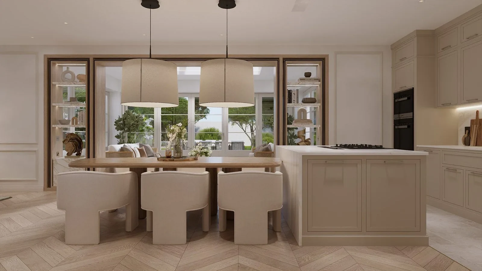 Kitchen and dining space opening towards the garden room, Ascot design concept