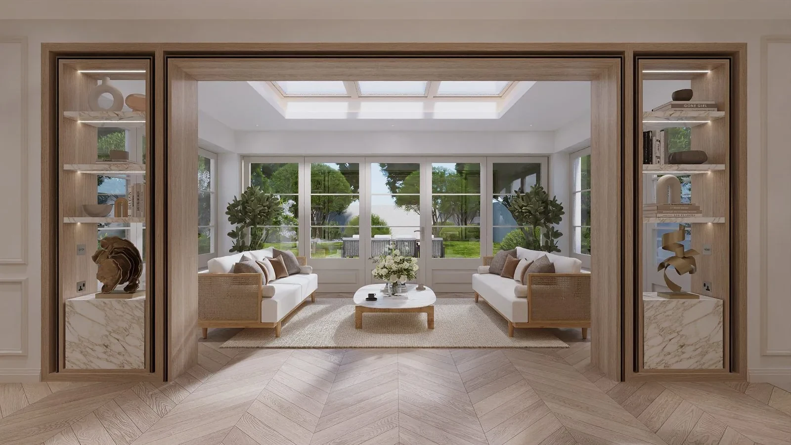 Garden room framed by display joinery, Ascot design concept