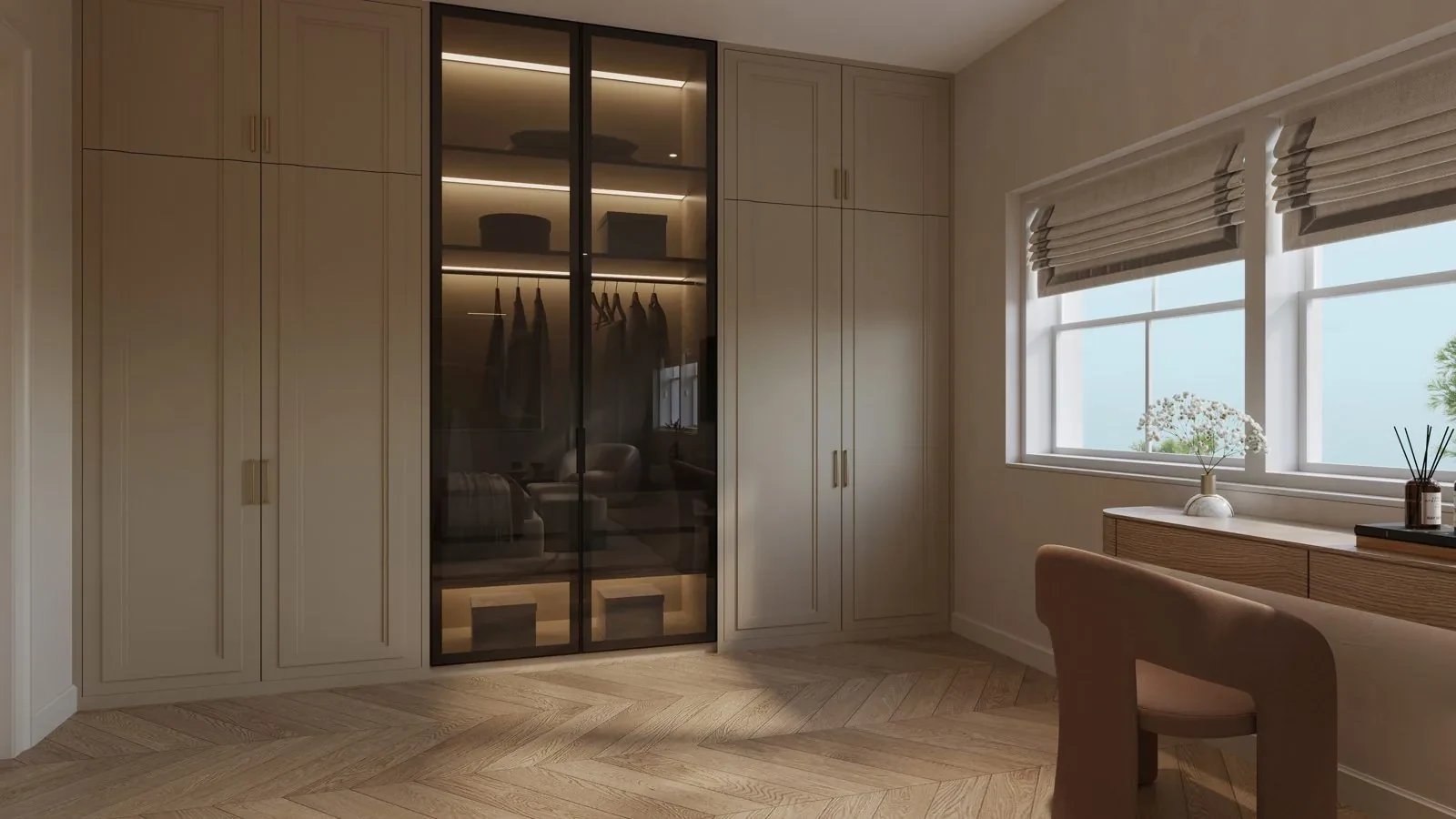 Dressing room with glazed wardrobes, Ascot design concept