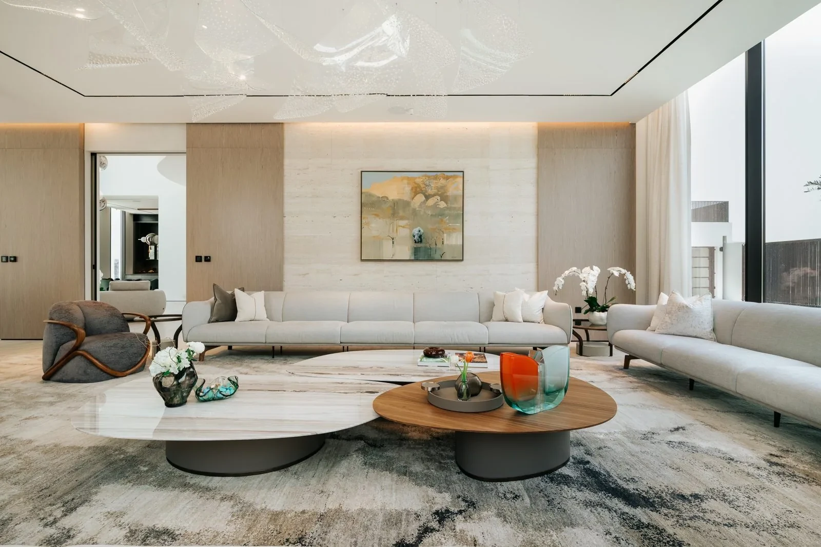 Main living room at Villa Cielo in a neutral palette